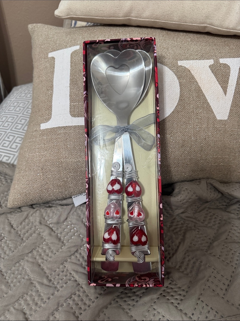 Heart-Handled Salad Serving Set with Red Beaded Accents